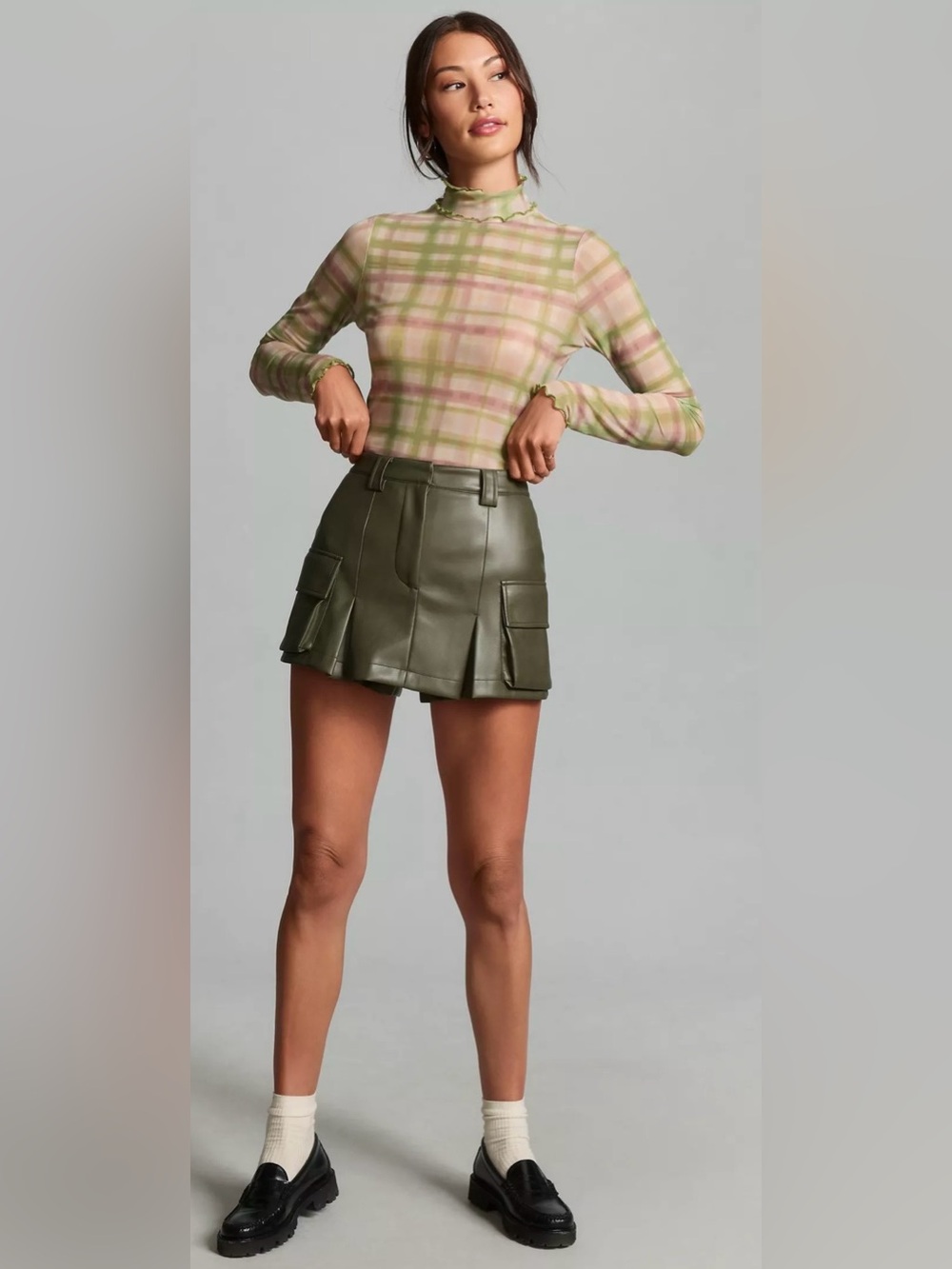 Pilcro Sheer Plaid Mock Neck Top in Pink and Olive